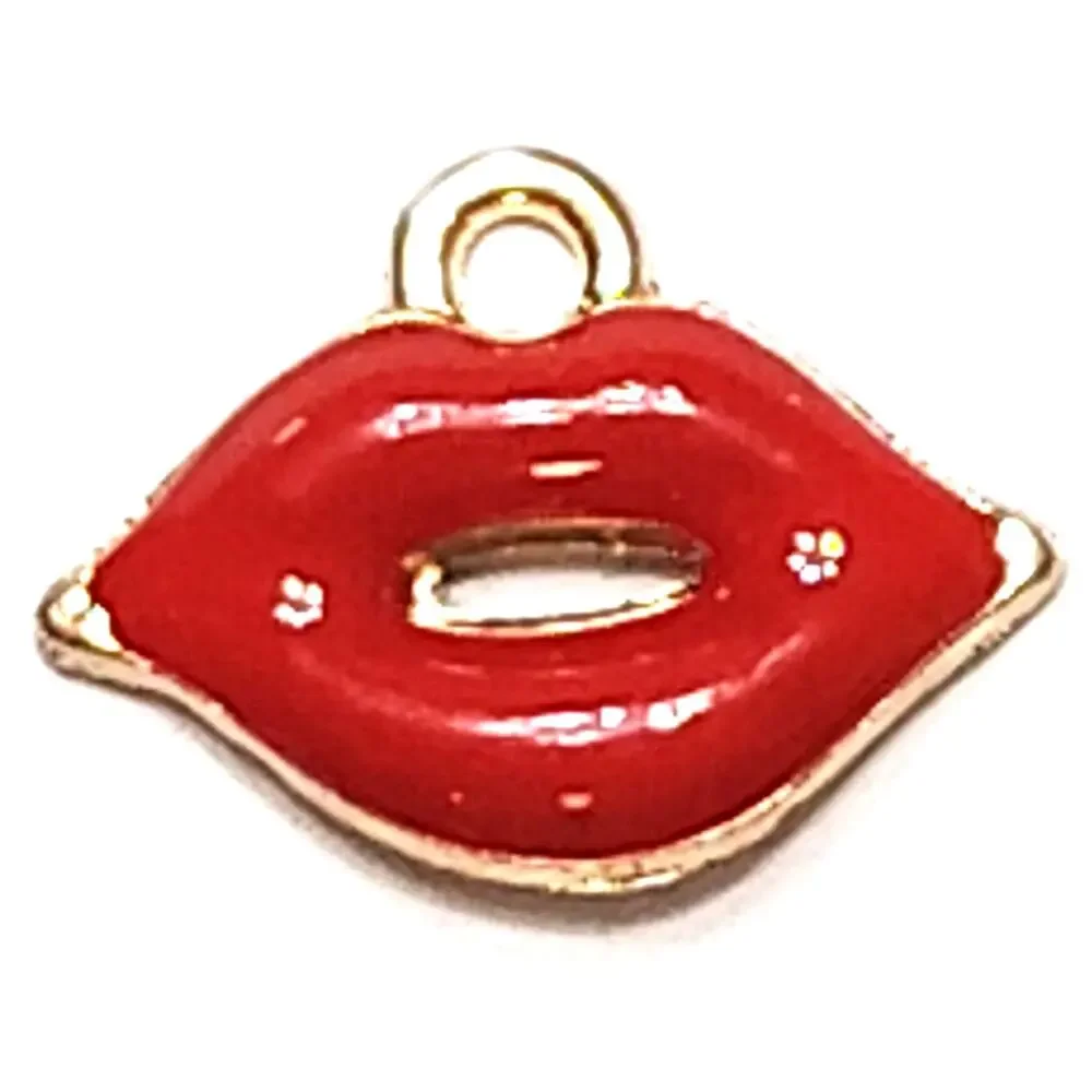 Red Lip Charm Enamel Gold‑Tone Border 5/8
